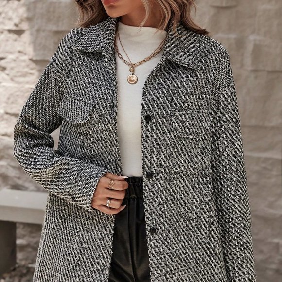 . Jackets & Blazers - Grey Casual Womens Flap Pocket Button Front Overcoat